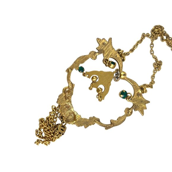 Victorian Revival Gold Tone Necklace 16 Inch With Green Rhinestone & Tassel Acce - Picture 9 of 10